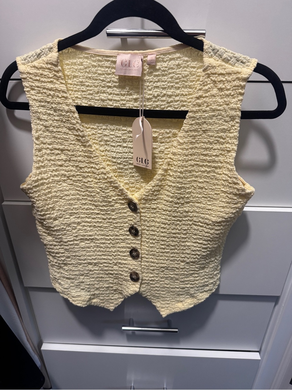Good luck gem Yellow Textured Button-Front Crop Top vest